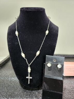 Pearl Accent Silver Cross 16" Necklace and Stud Earrings - Silver/White